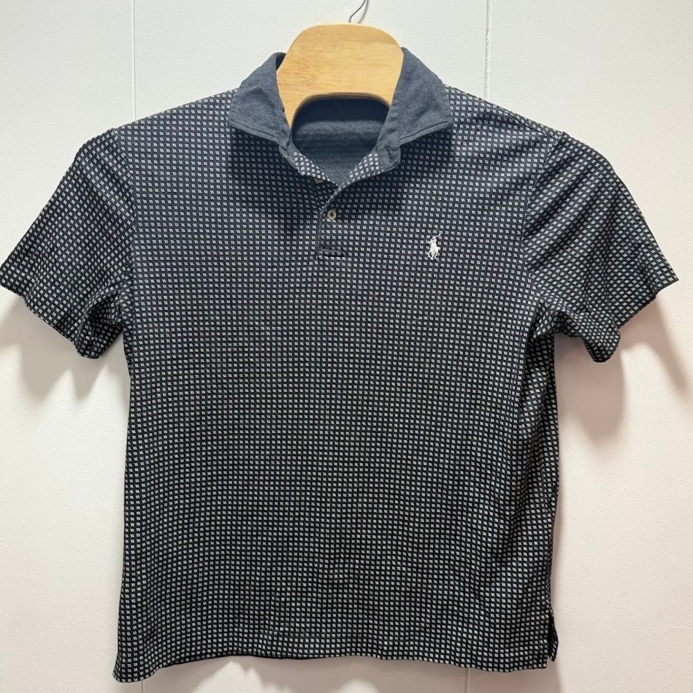 Polo Ralph Lauren Mens Large Black White Geometric Micro Print Cotton Polo Shirt